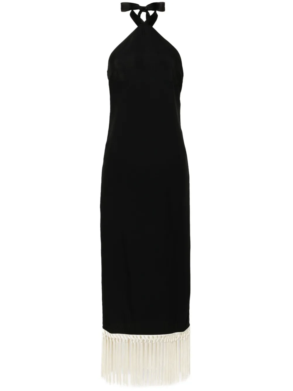 Taller Marmo Nina Fringed Cady Halterneck Midi Dress In Black