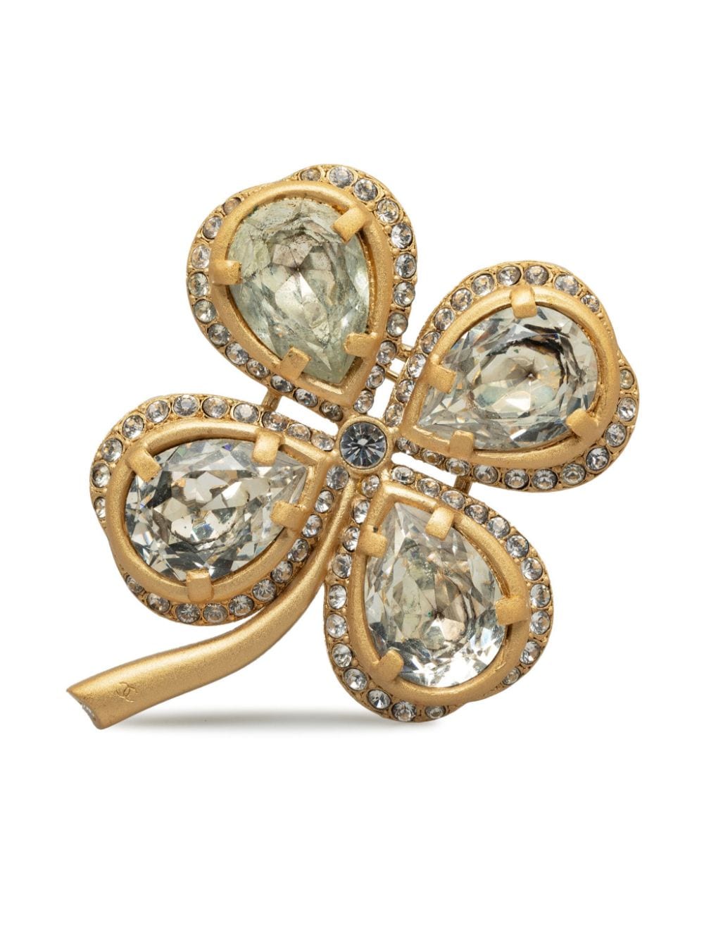 Pre-owned Chanel  Clover Rhinestone Brooch In Gold