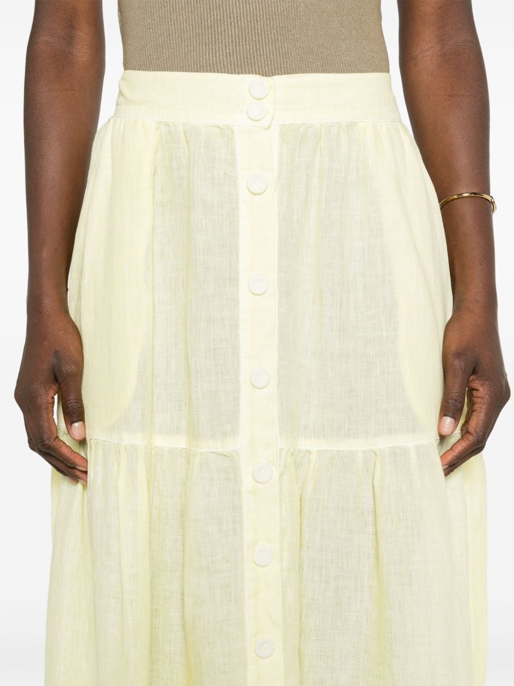 Shop 120% Lino Tiered Linen Midi Skirt In Yellow