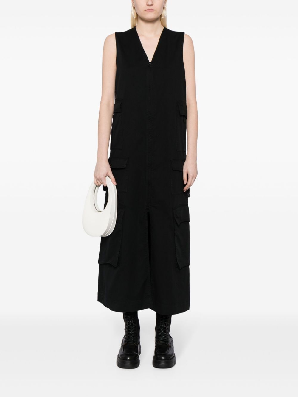 Shop Jnby Cargo-pocket Cotton Midi Dress In Black