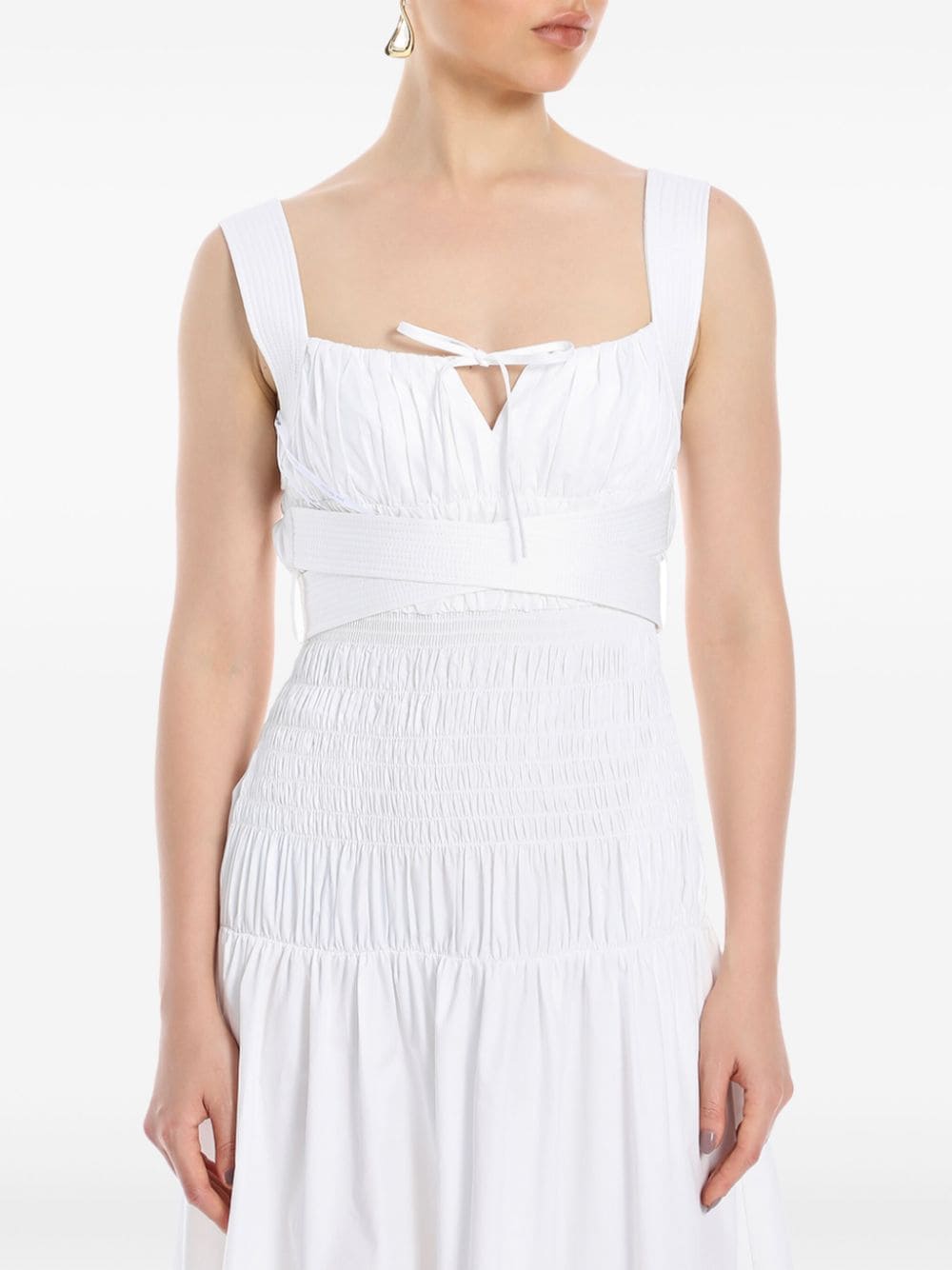 Shop Self-portrait Ruched Cotton Midi Dress In White