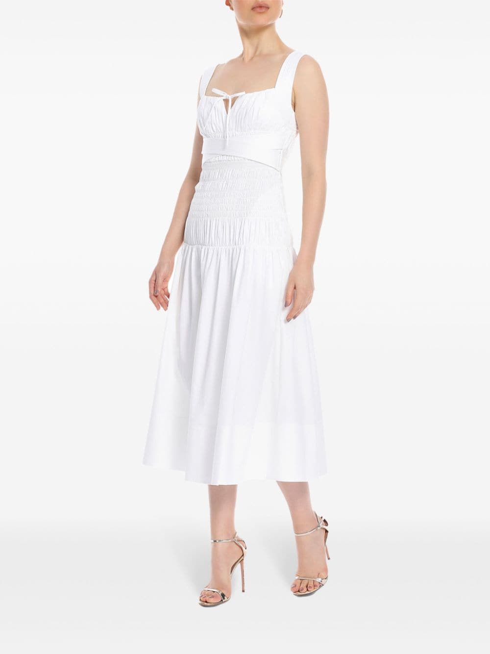 Shop Self-portrait Ruched Cotton Midi Dress In White