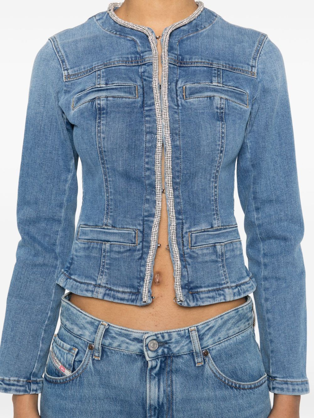 Shop Liu •jo Crystal-embellished Denim Jacket In Blue