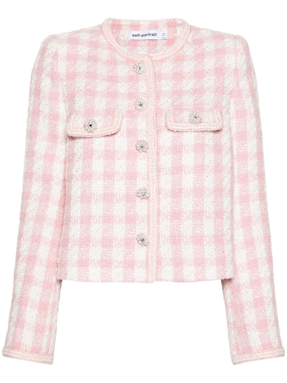Shop Self-portrait Checked Tweed Jacket In Pink