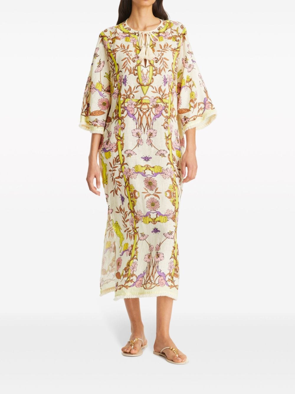 Shop Tory Burch Floral-print Linen Kaftan Dress In 黄色