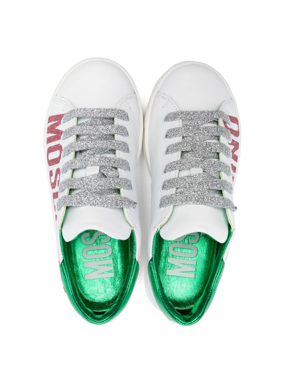 Shop Moschino Glitter-logo Leather Sneakers In White