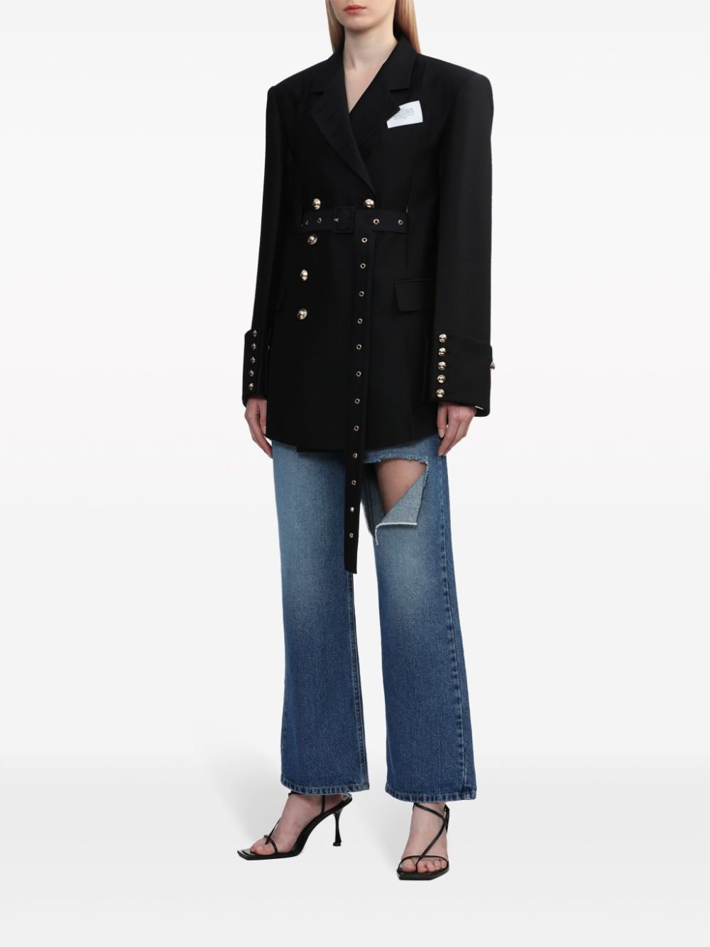 Shop Rokh Belted Double-breasted Blazer In Black