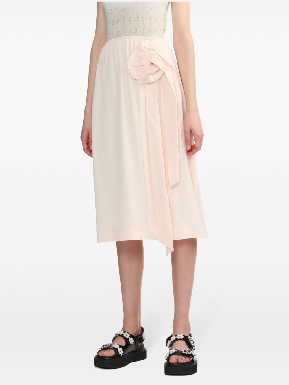 Shop Simone Rocha Rose-appliqué Draped-detail Midi Skirt In Pink