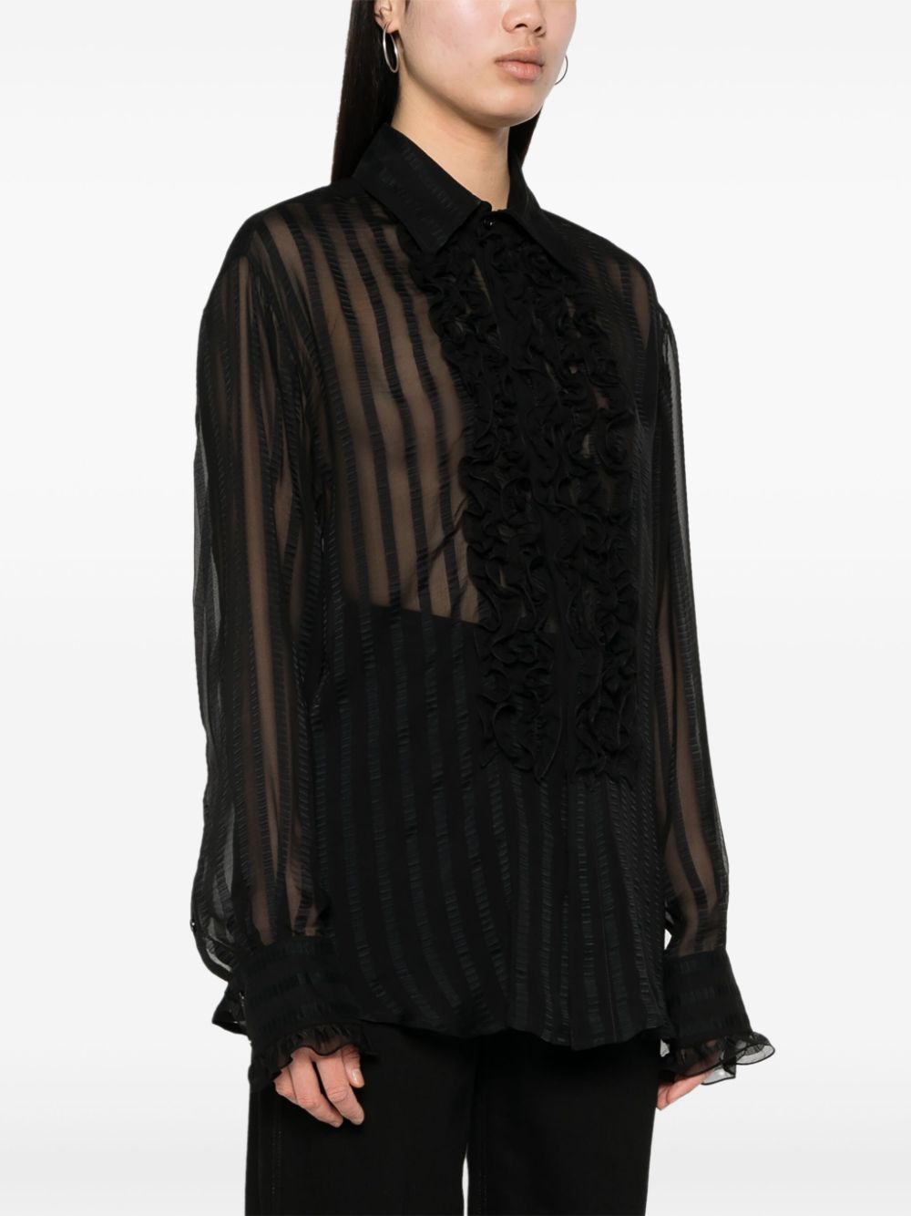 Shop Stella Mccartney Sheer Seersucker Ruffled Blouse In Black