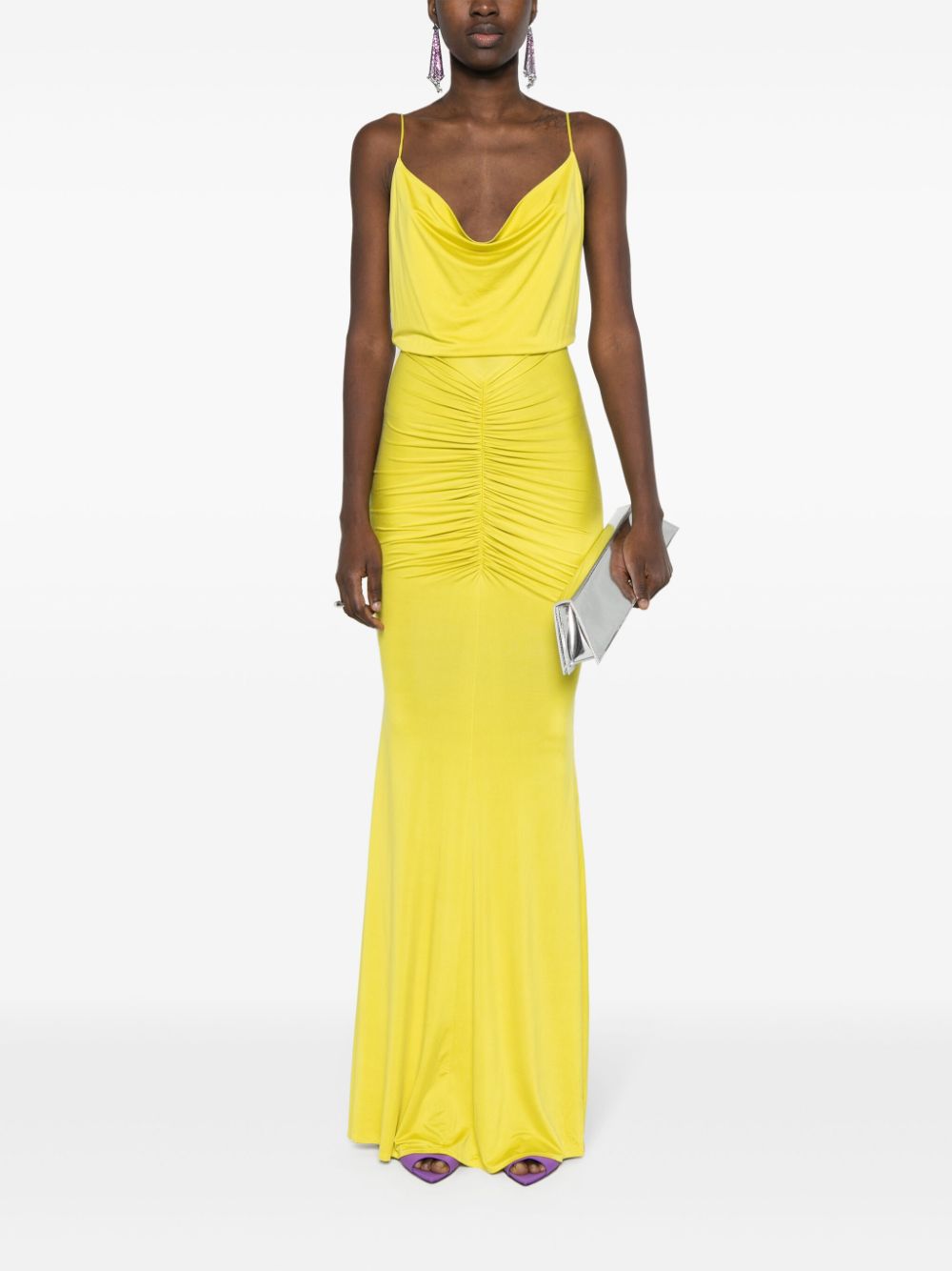 Shop Elisabetta Franchi Gathered Sleeveless Gown In Yellow