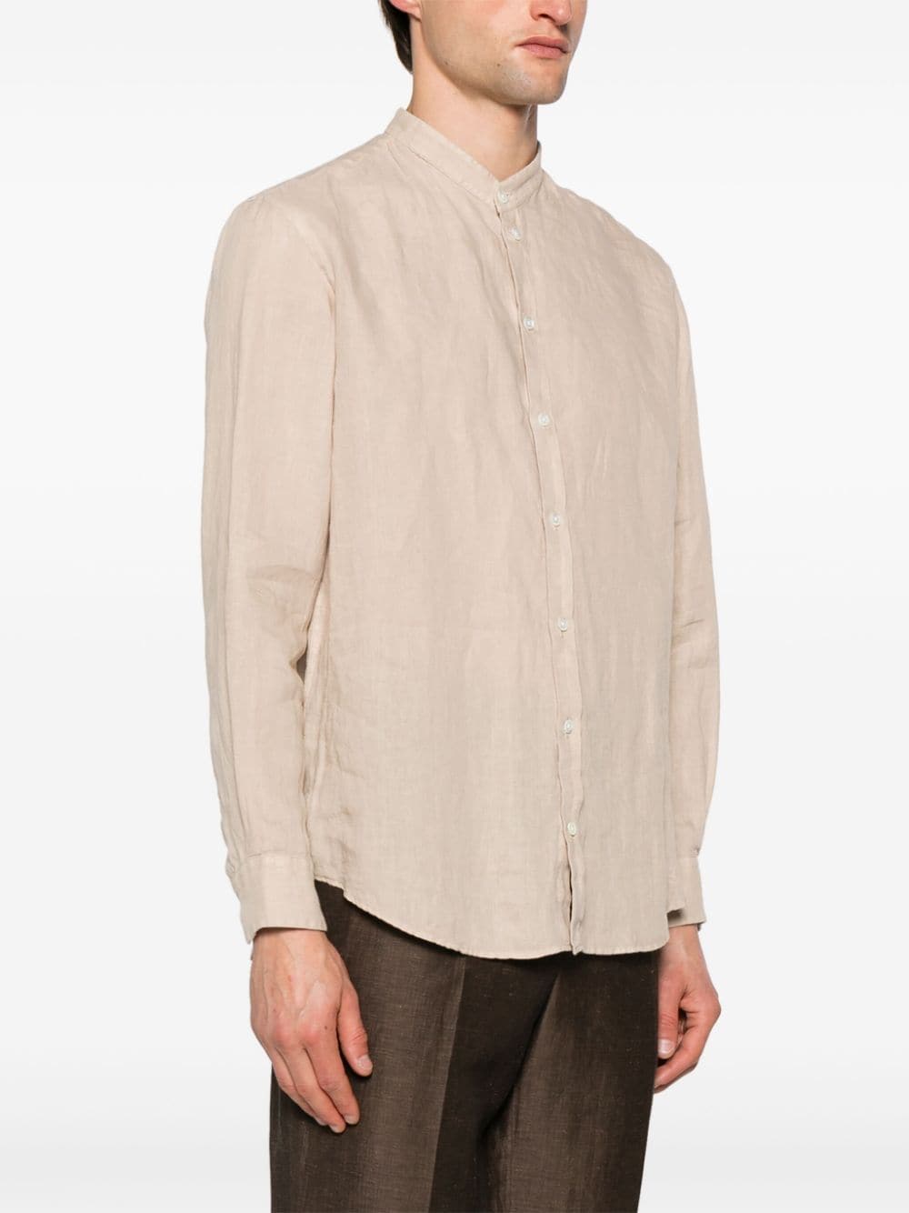 Shop Emporio Armani Band-collar Linen Shirt In Neutrals