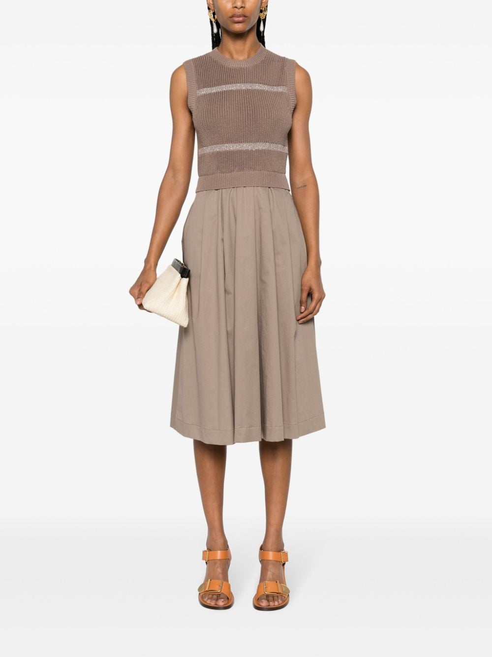 Shop Peserico Knitted-panel Flared Midi Dress In Brown