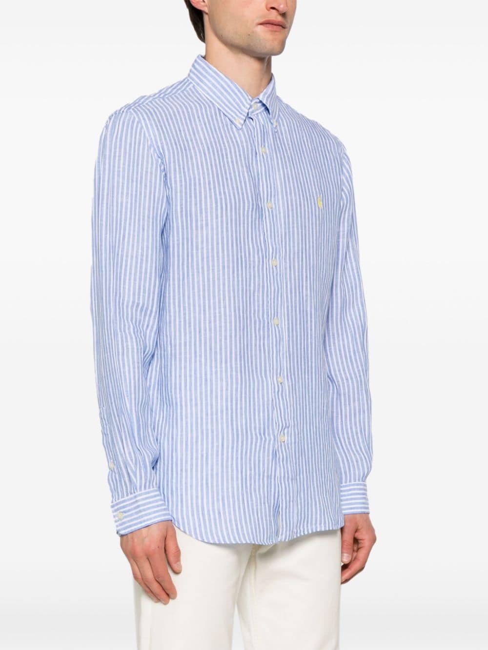 Shop Polo Ralph Lauren Logo-embroidered Striped Linen Shirt In Blue