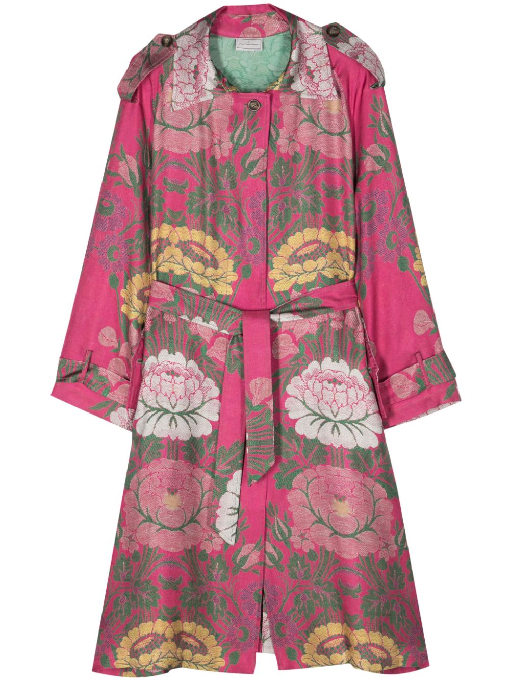 floral-print silk trench coat