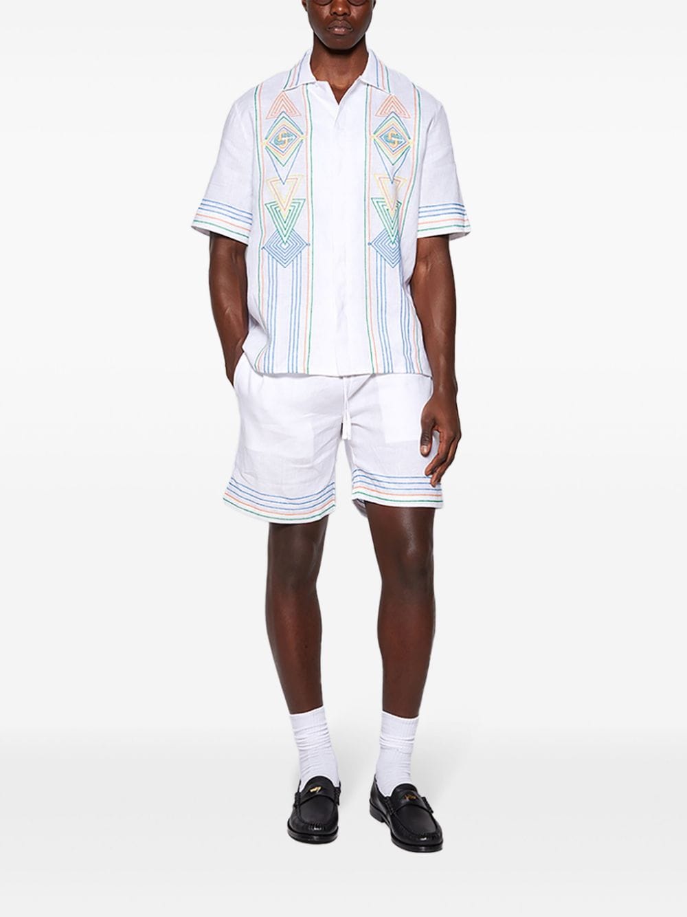 Shop Casablanca Stripe-embroidered Linen Shorts In White