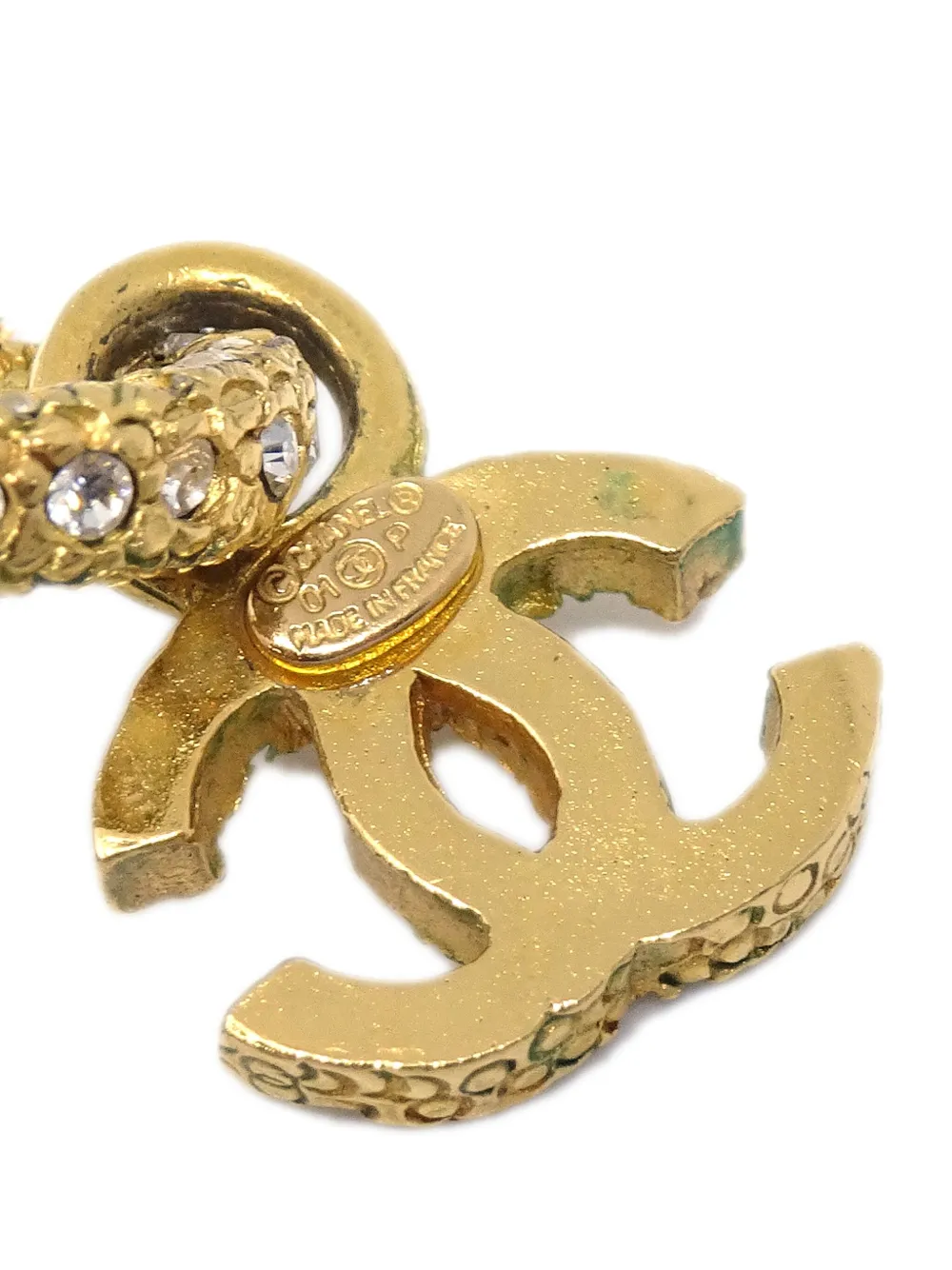 Pre-owned Chanel 2001 Cc Rhinestone-embellished Dangle Stud Earrings In Gold