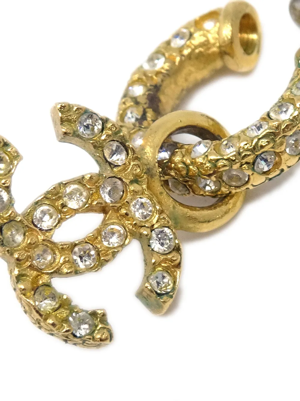 Pre-owned Chanel 2001 Cc Rhinestone-embellished Dangle Stud Earrings In Gold