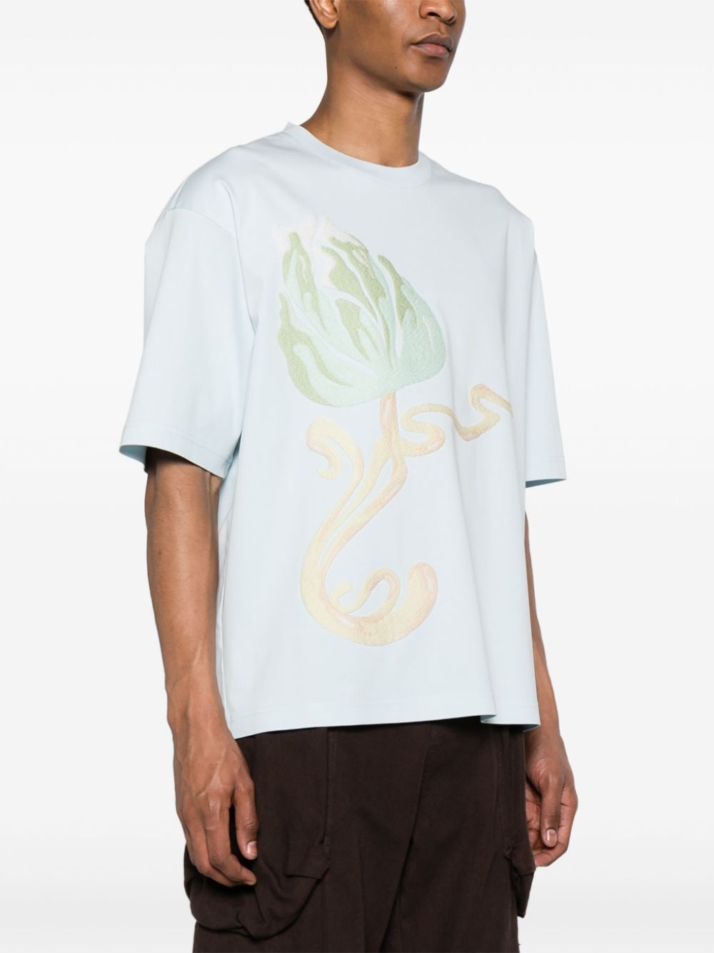 Shop Lanvin Floral-embroidered Cotton T-shirt In Blue