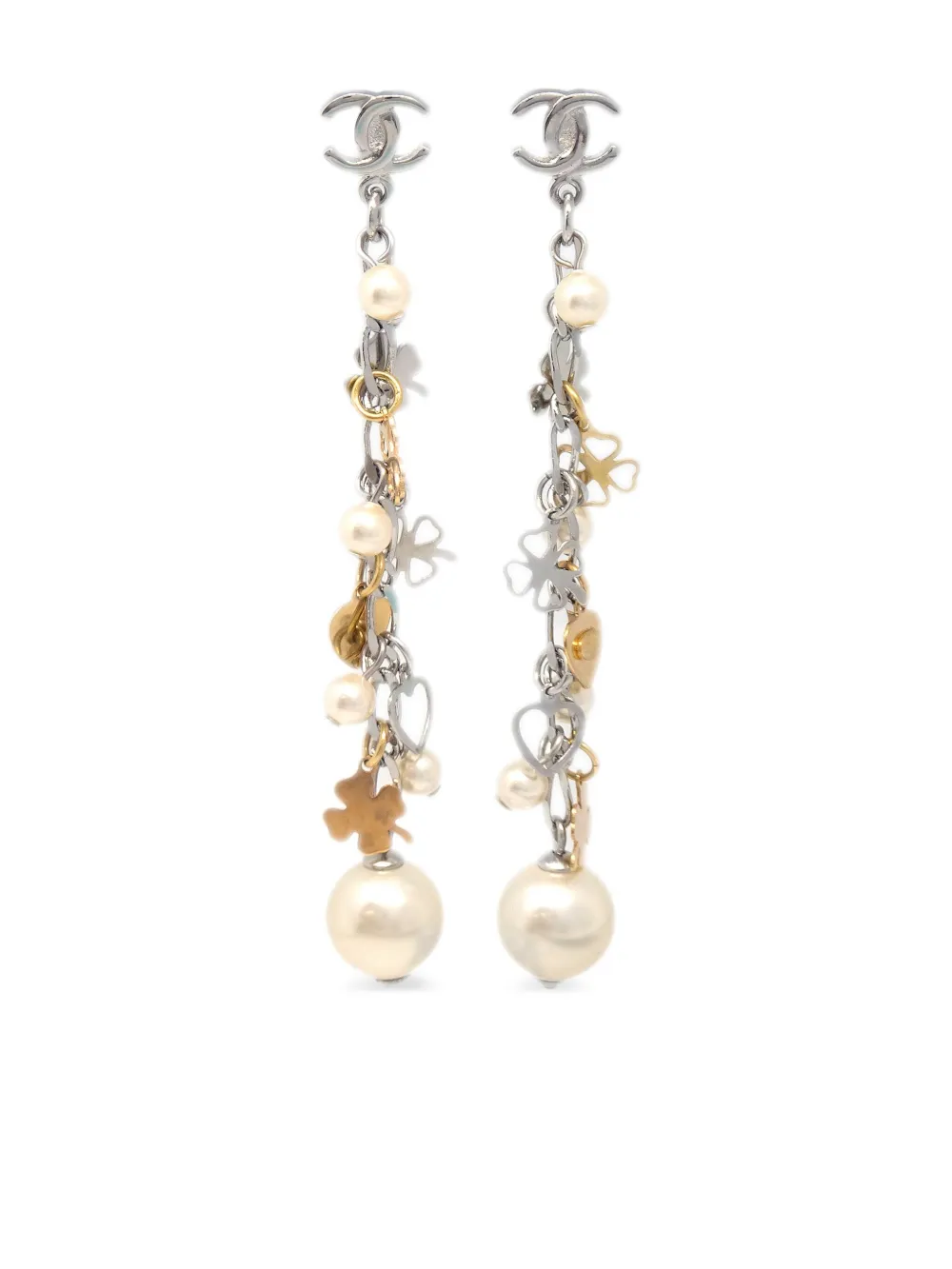 Pre-owned Chanel 2006 Faux-pearl Chain Dangle Stud Earrings In Gold