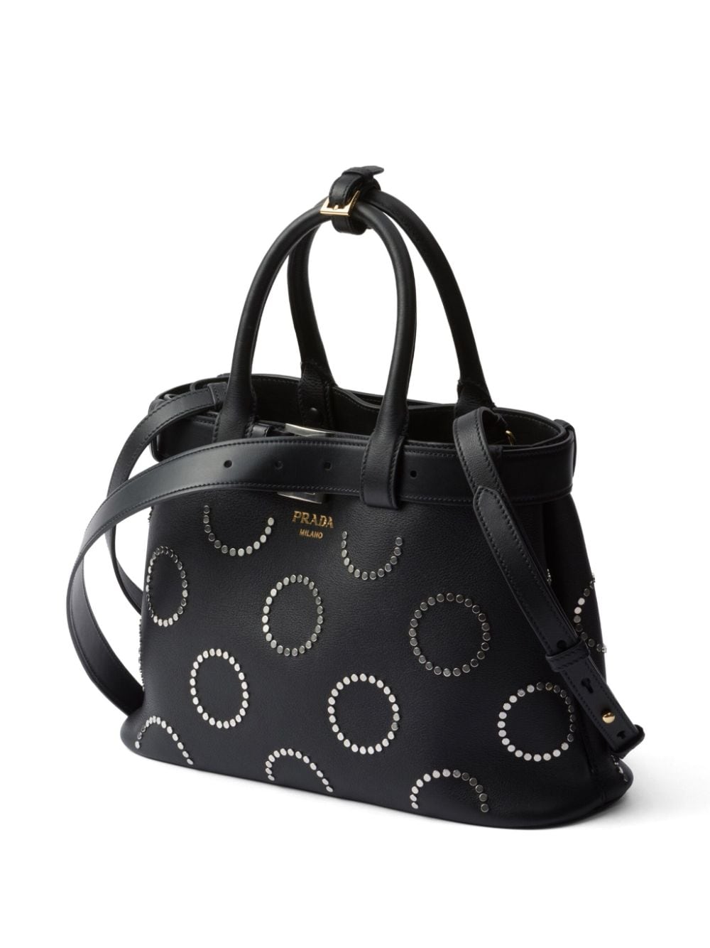 Shop Prada Studded Belted Tote Bag In Black