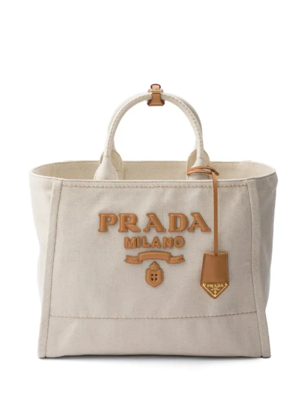 Prada Large logo applique Tote Bag Neutrals FARFETCH AU