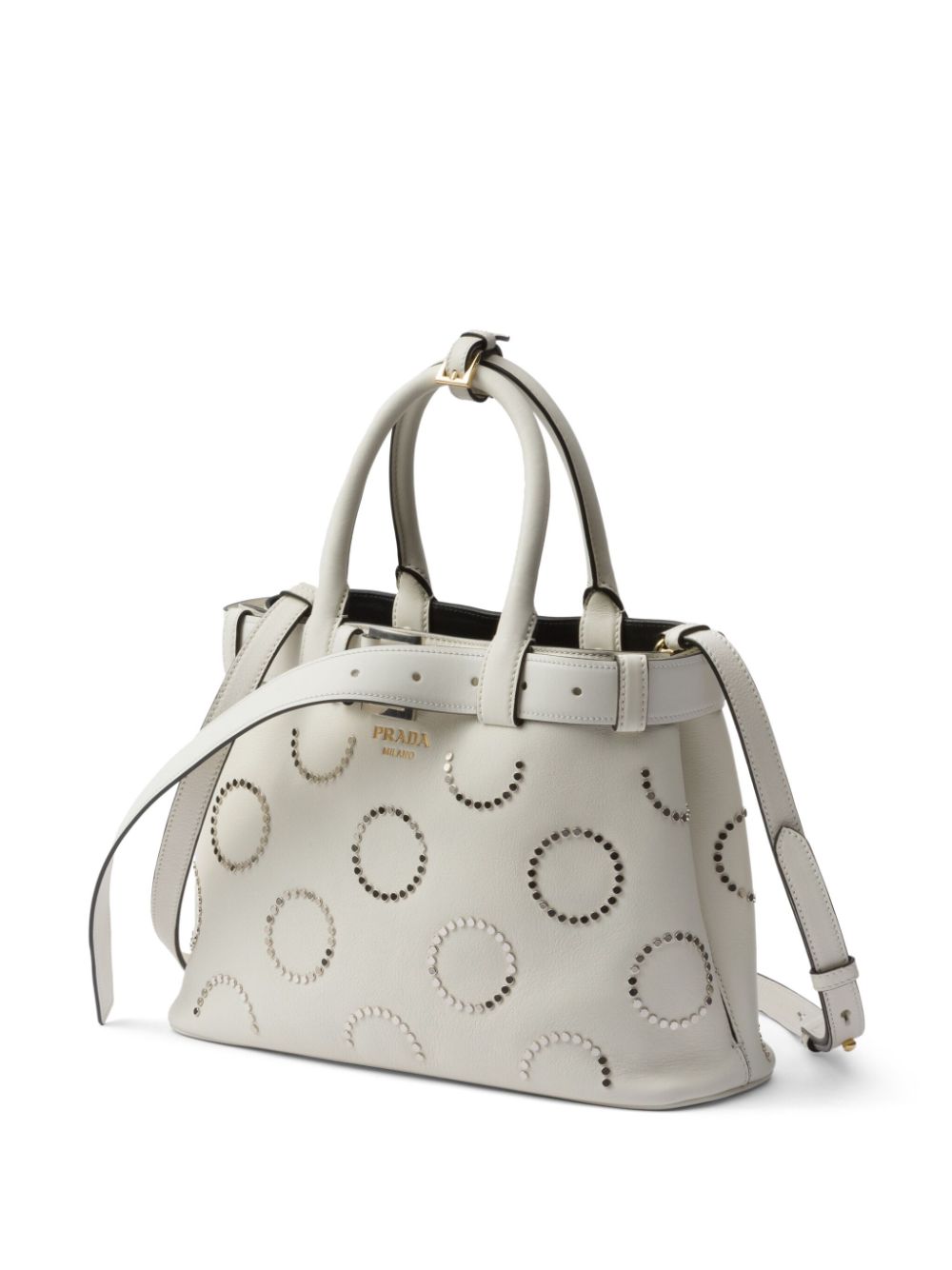 Shop Prada Studded Belted Tote Bag In White