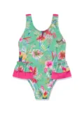 Patachou tropical-print ruffled swimsuit - Green