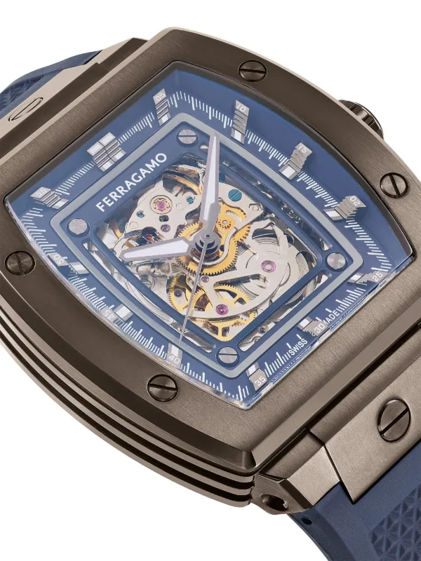 Ferragamo Tonneau Skeleton 42mm men stainless steel Recycled Polyurethane Sapphire Crystal One Size Blue