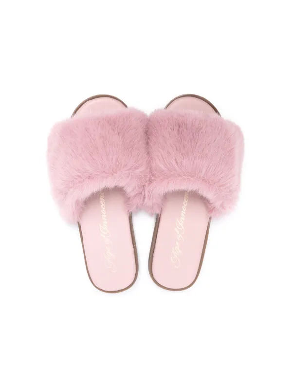 Faux Fur Slides Hot Pink Fluffy Slippers Lemonade Crystal Walk On