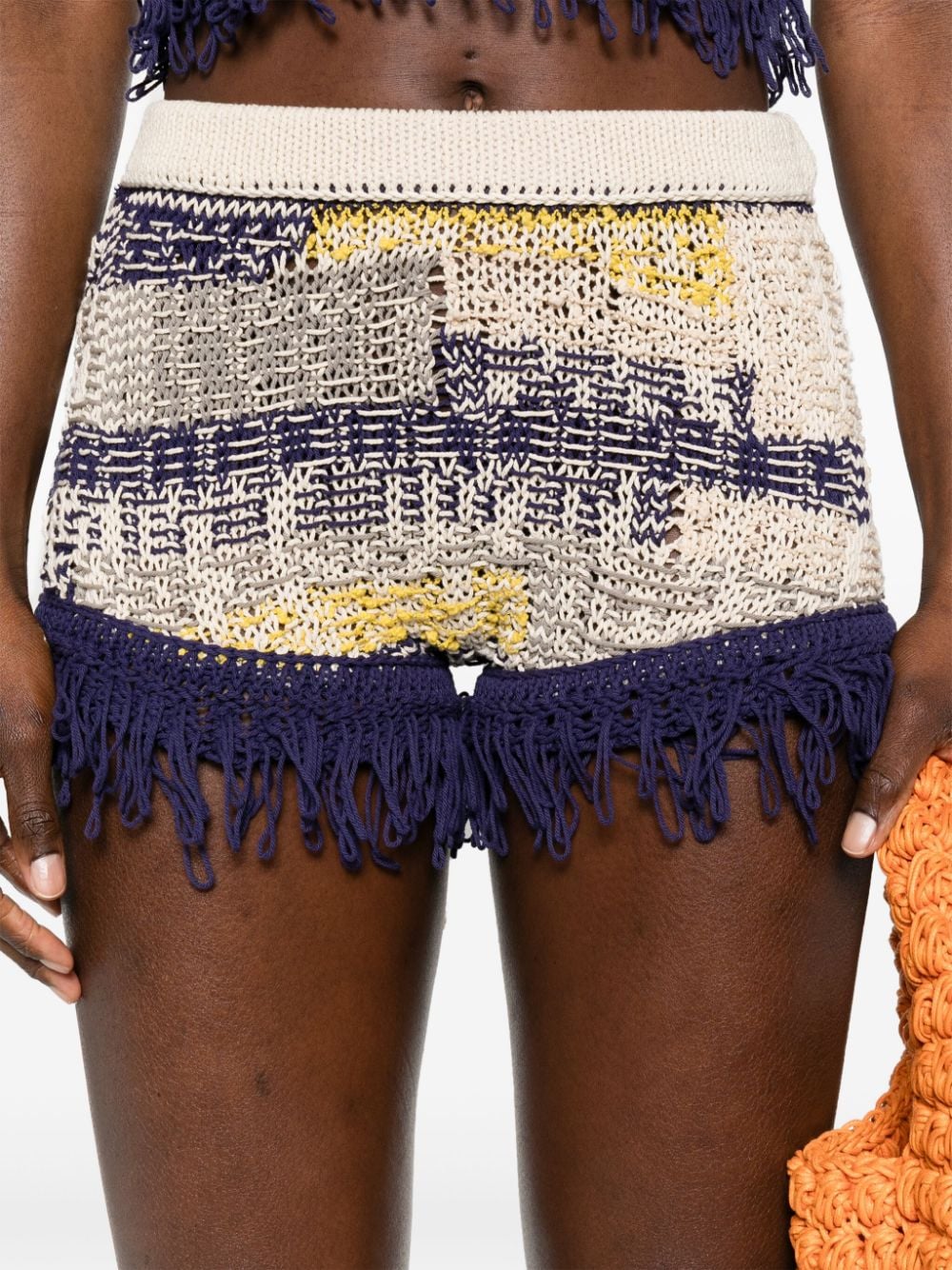 Shop Sportmax Fringed Intarsia-knit Mini Shorts In Neutrals