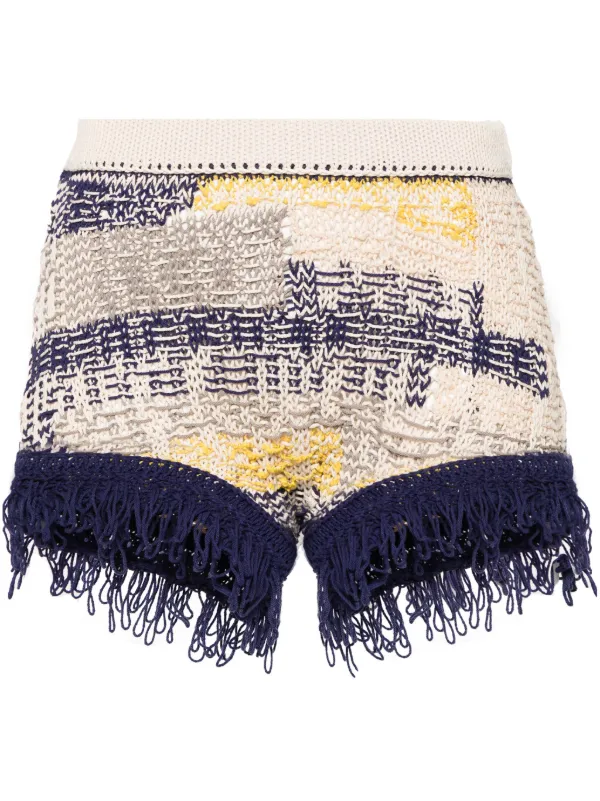 Sportmax Fringed Intarsia-knit Mini Shorts in Neutrals