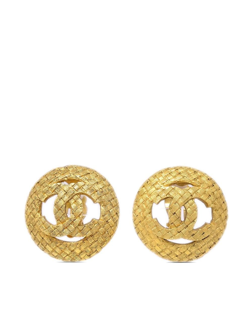 Pre-owned Chanel 1994 Tweed-effect Cc-logo Clip-on Earrings In Gold