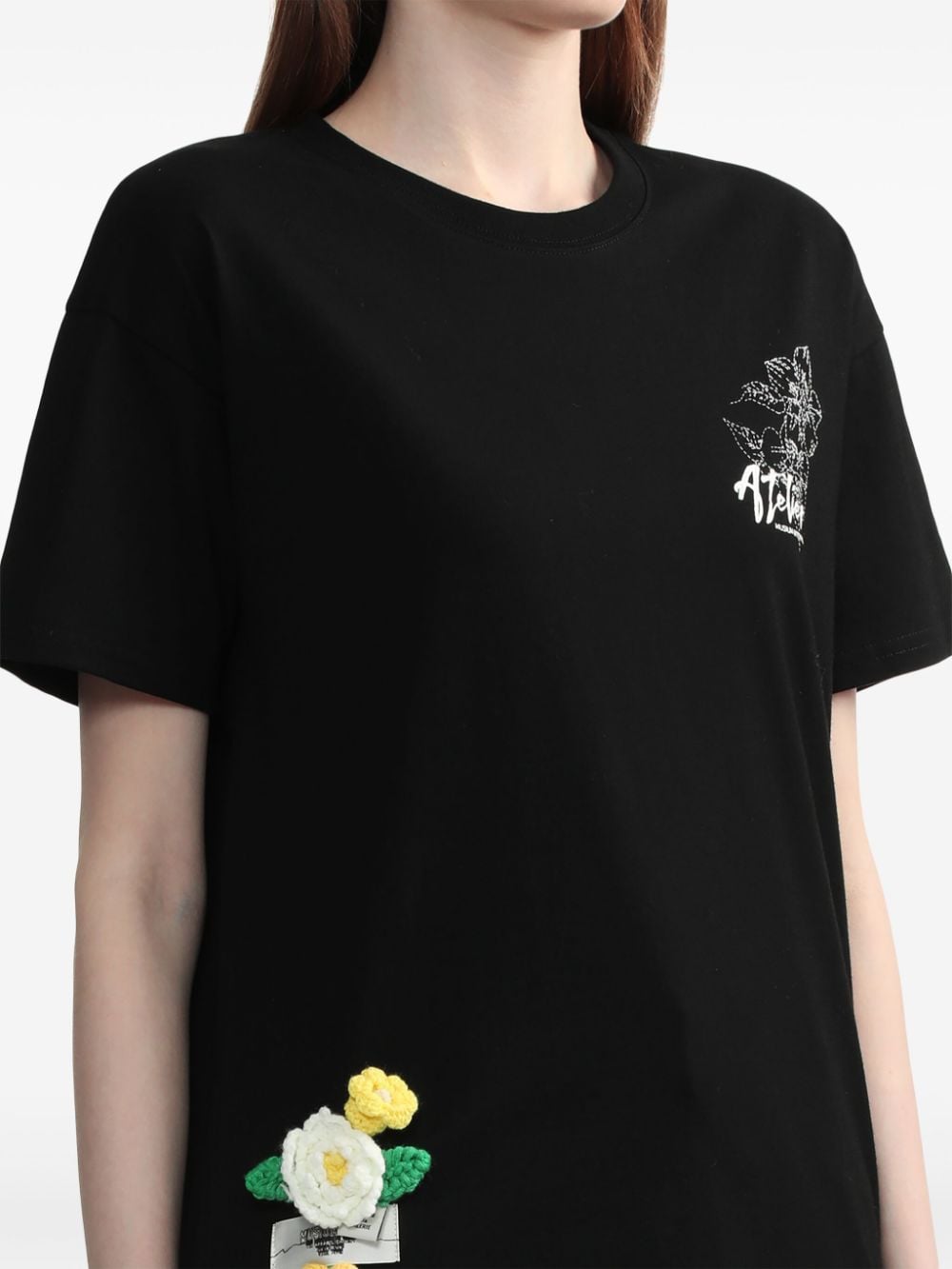 Shop Musium Div. Floral-appliqué Cotton T-shirt In Black