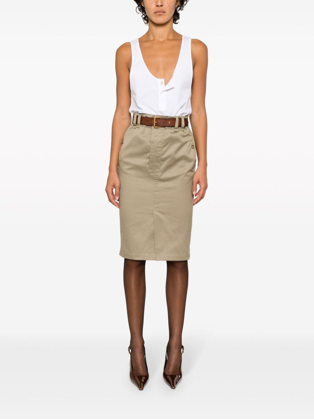 Shop Saint Laurent Belted Gabardine Pencil Skirt In Neutrals