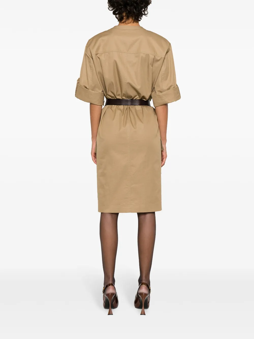 SAINT LAURENT BELTED COTTON TWILL MIDI DRESS