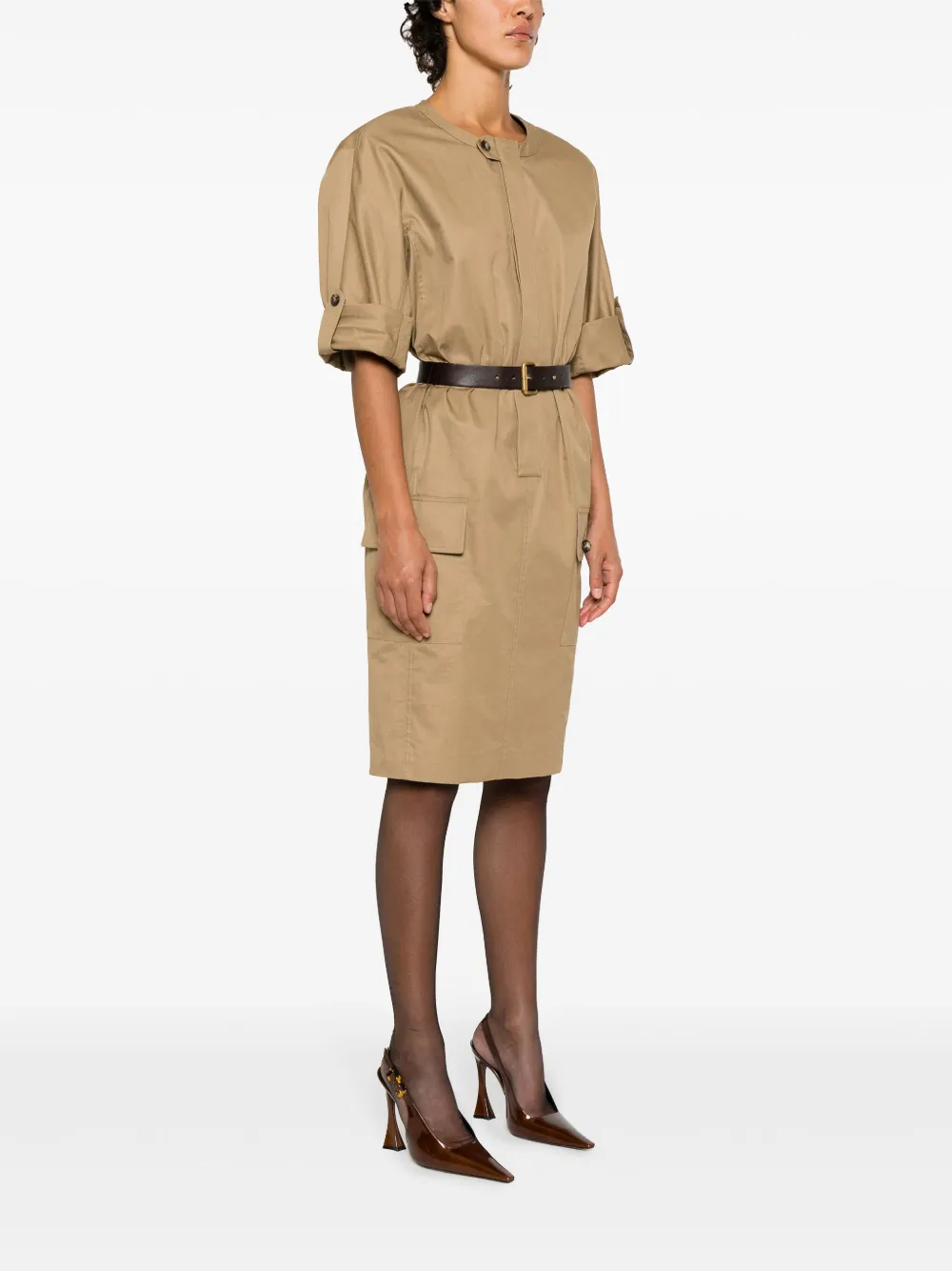SAINT LAURENT BELTED COTTON TWILL MIDI DRESS