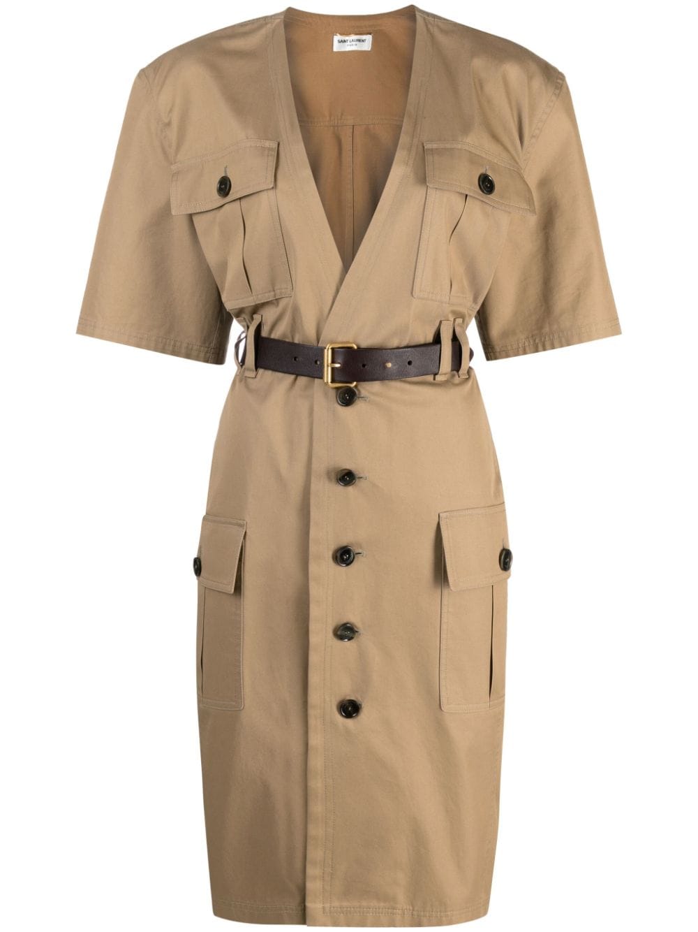 Saint Laurent Belted Cotton Twill Dress In Neutrals