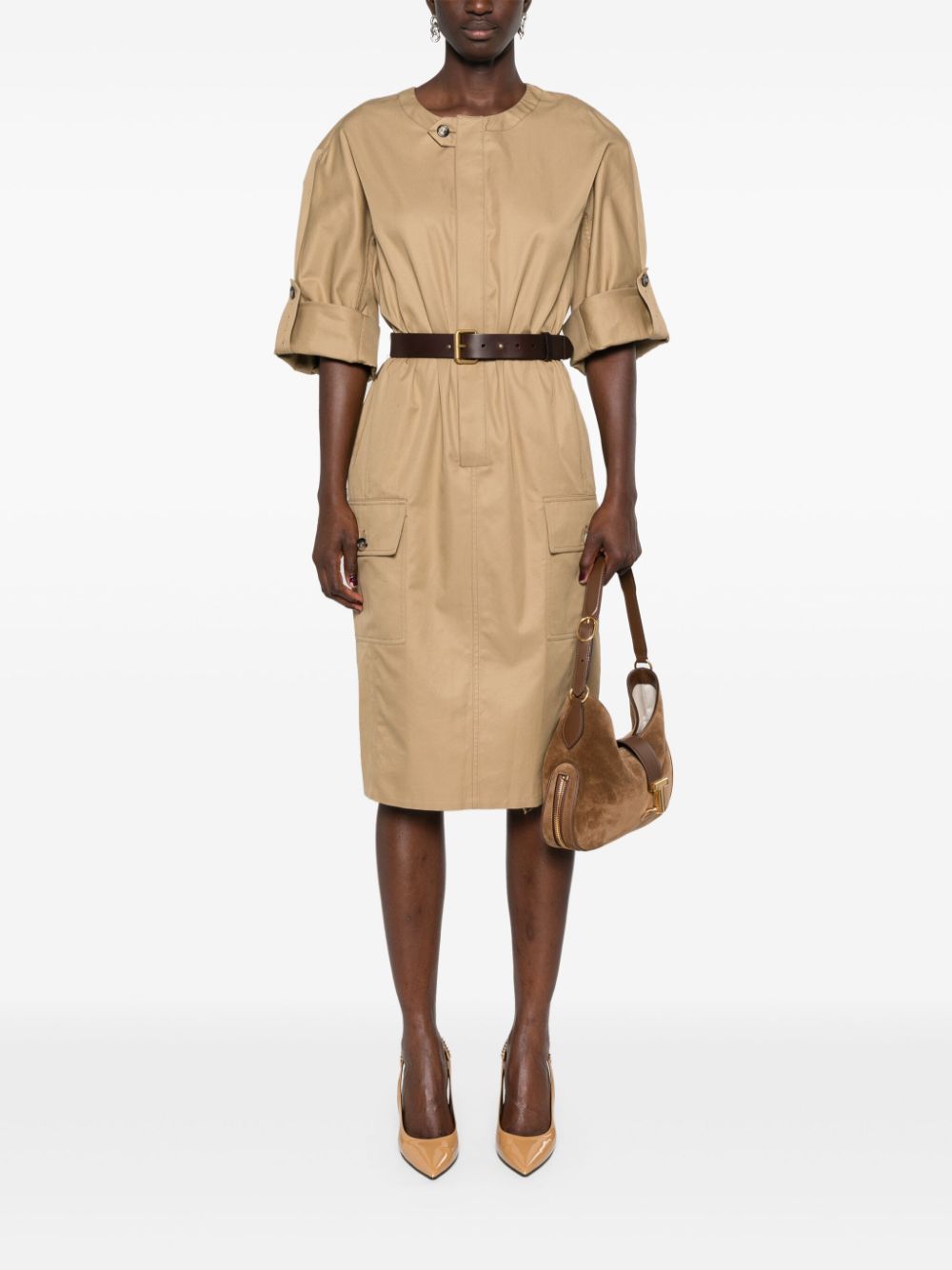 Saint Laurent belted cotton twill midi dress - Neutrals