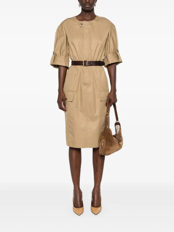 Saint Laurent Belted Cotton Twill Midi Dress | Neutrals