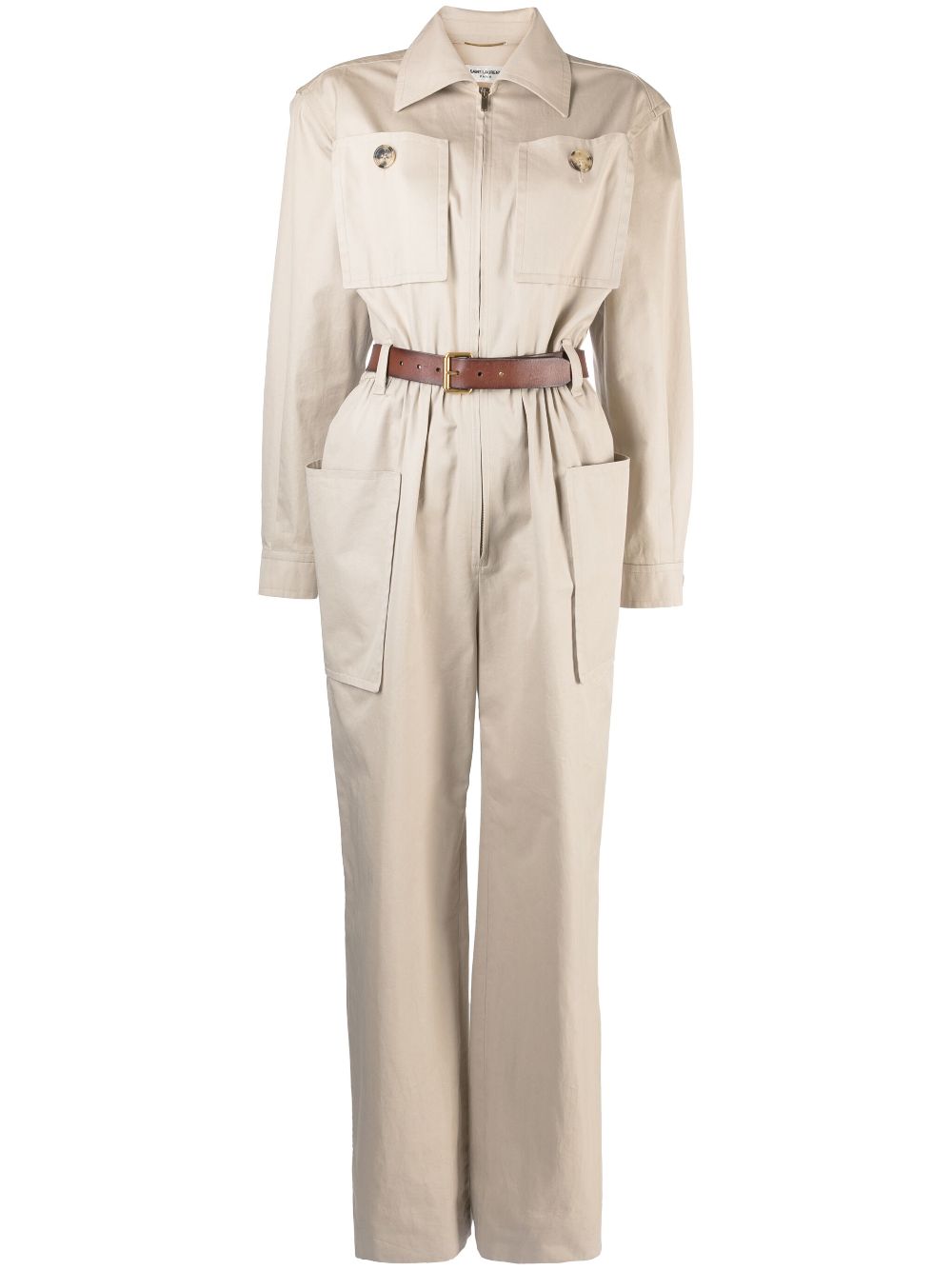 Shop Saint Laurent Belted Cotton Jumpsuit In Nude