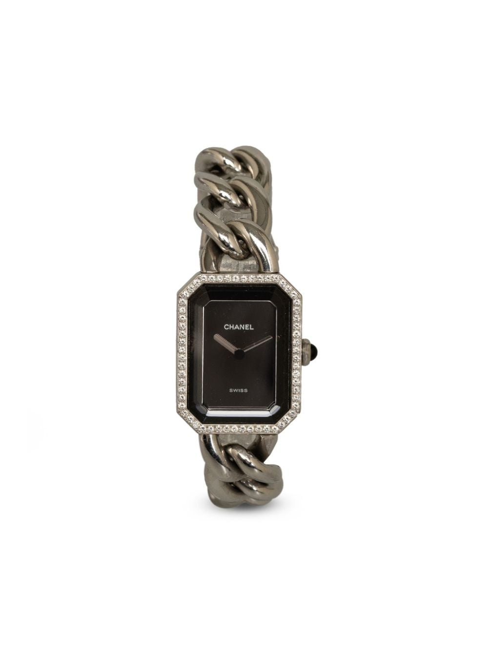 Pre-owned Chanel 1987  Stainless Steel Quartz Diamond Bezel Premiere Chain Watch In Black