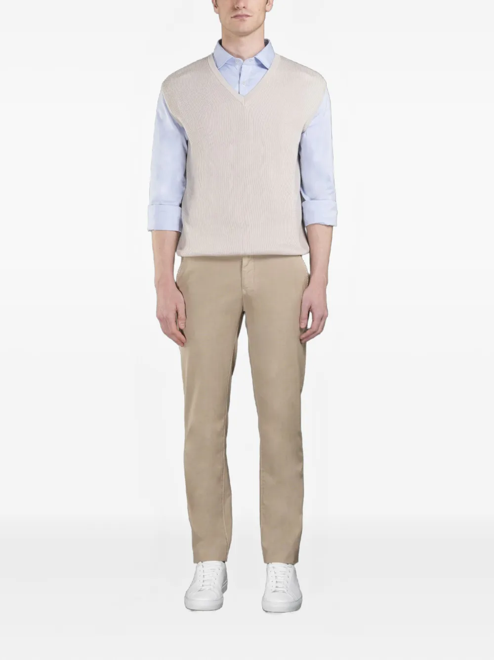 Moorer Ribgebreide top met V-hals - Beige