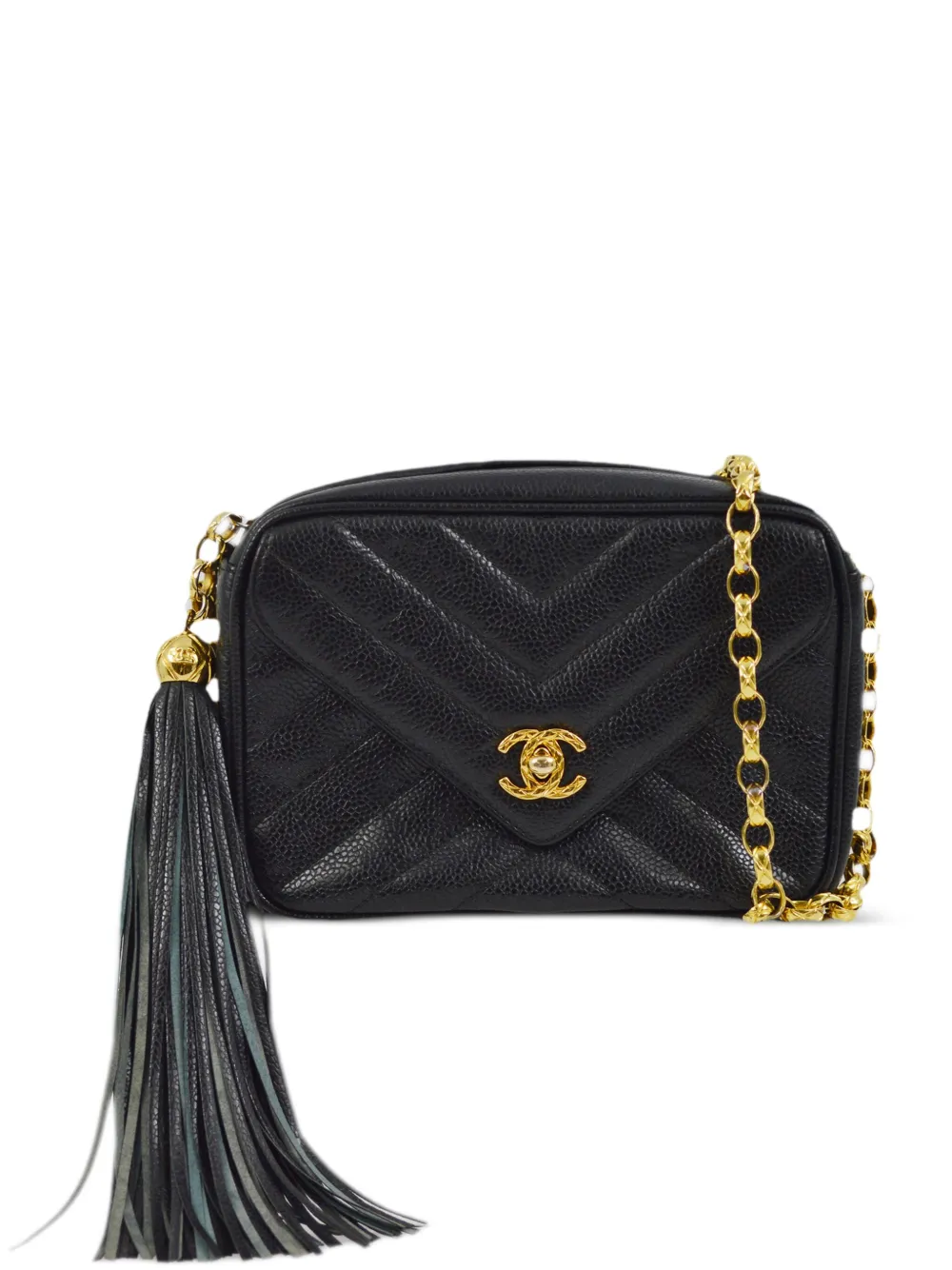 Pre-owned Chanel 1992 Mini Chevron Bijoux Chain Camera Bag In Black