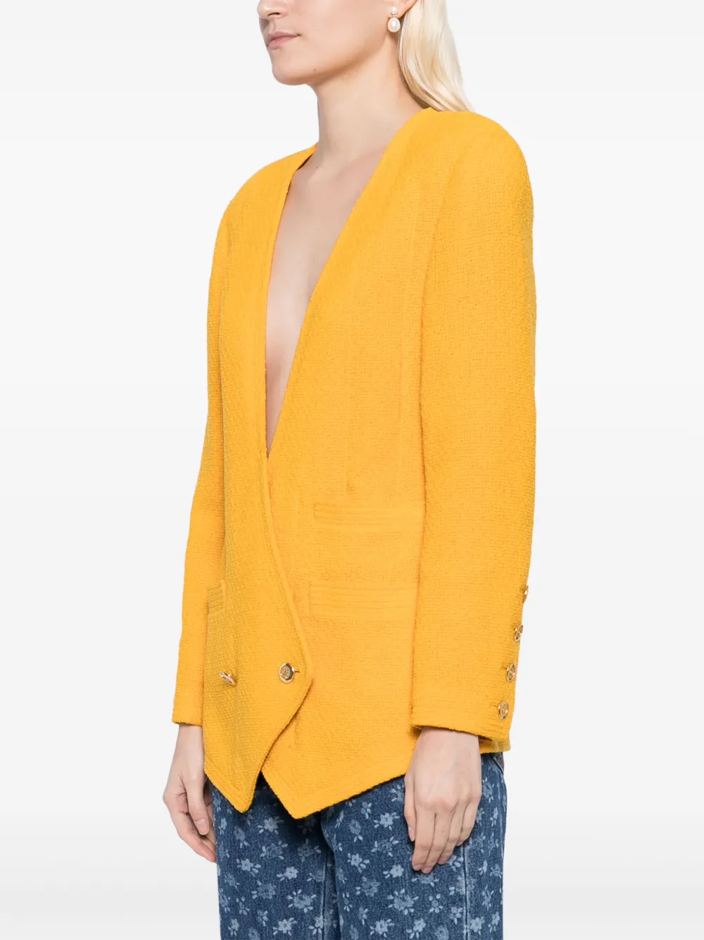 Pre-owned Chanel 1990-2000's Double Breasted Collarrless Jacket In Yellow