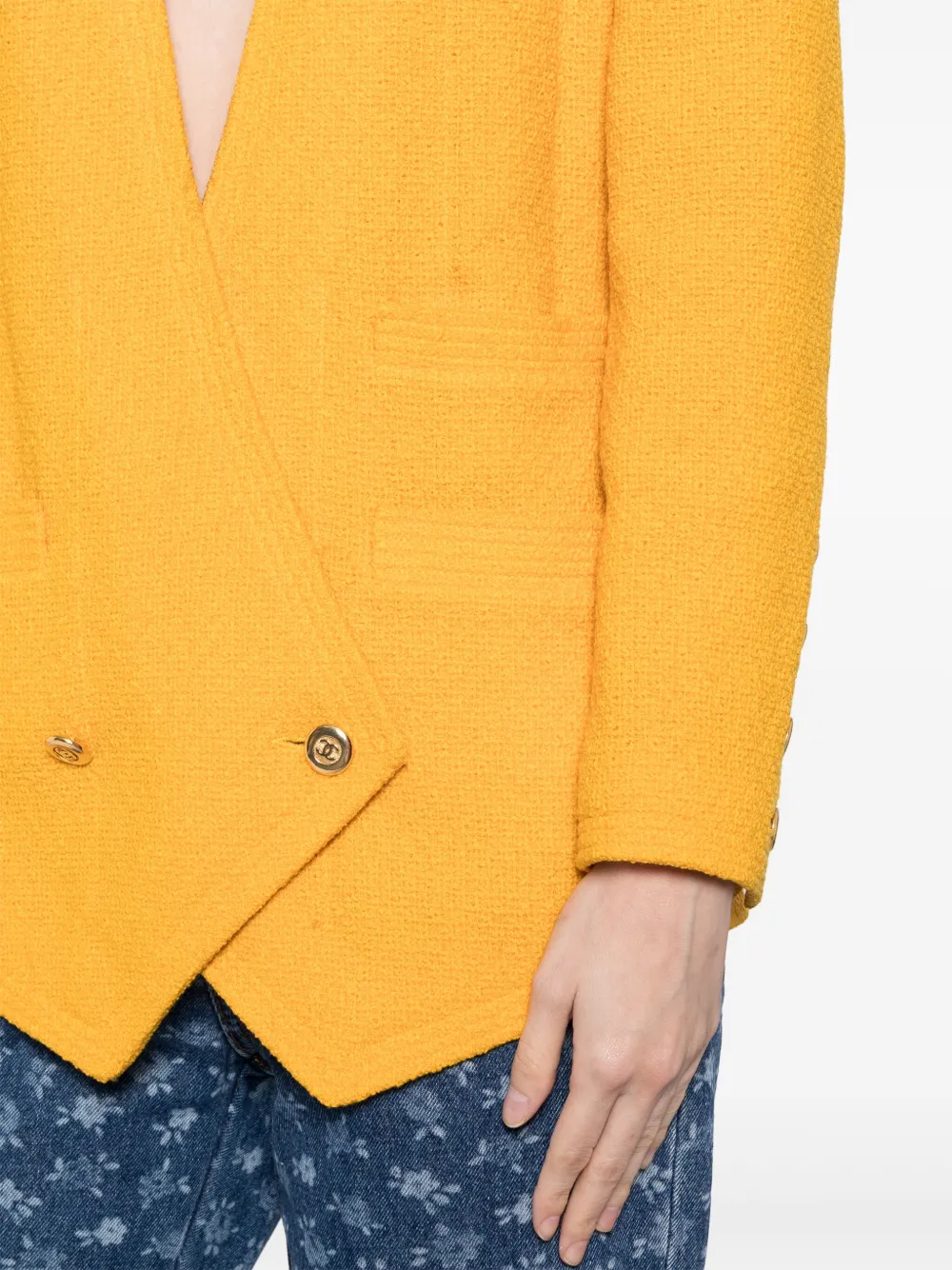 Pre-owned Chanel 1990-2000's Double Breasted Collarrless Jacket In Yellow