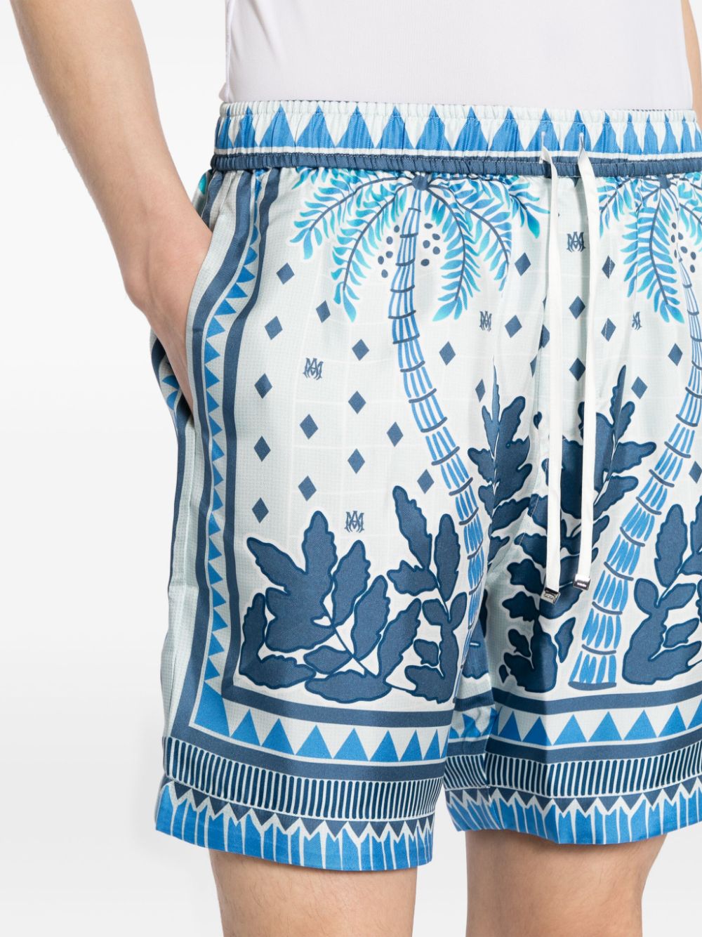 Shop Amiri Graphic-print Silk Shorts In Blue