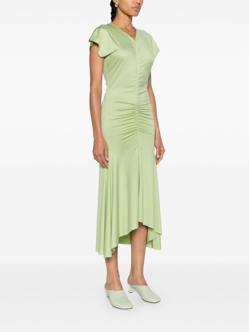 Shop Victoria Beckham Ruched V-neck Midi Dress In Green