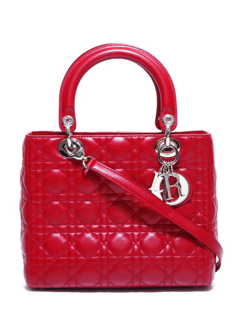 Pre-owned Dior Medium Cannage Lady  Two-way Handbag In Red