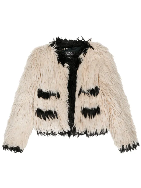 CHANEL Pre-Owned 1994 faux-fur Collarless Jacket Neutrals