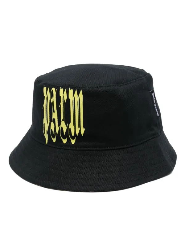 Palm Angels Gothic logo print Cotton Bucket Hat Black FARFETCH UK